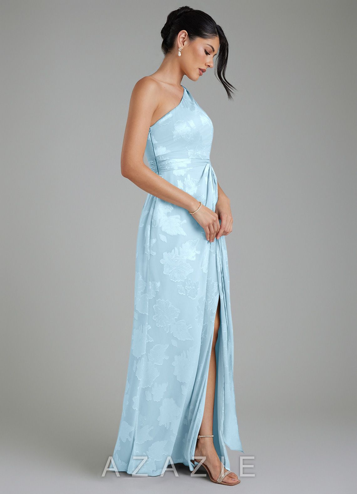 Azazie Apryl Sky Blue A-Line One Shoulder Floral Jacquard Burnout Dress sky_blue