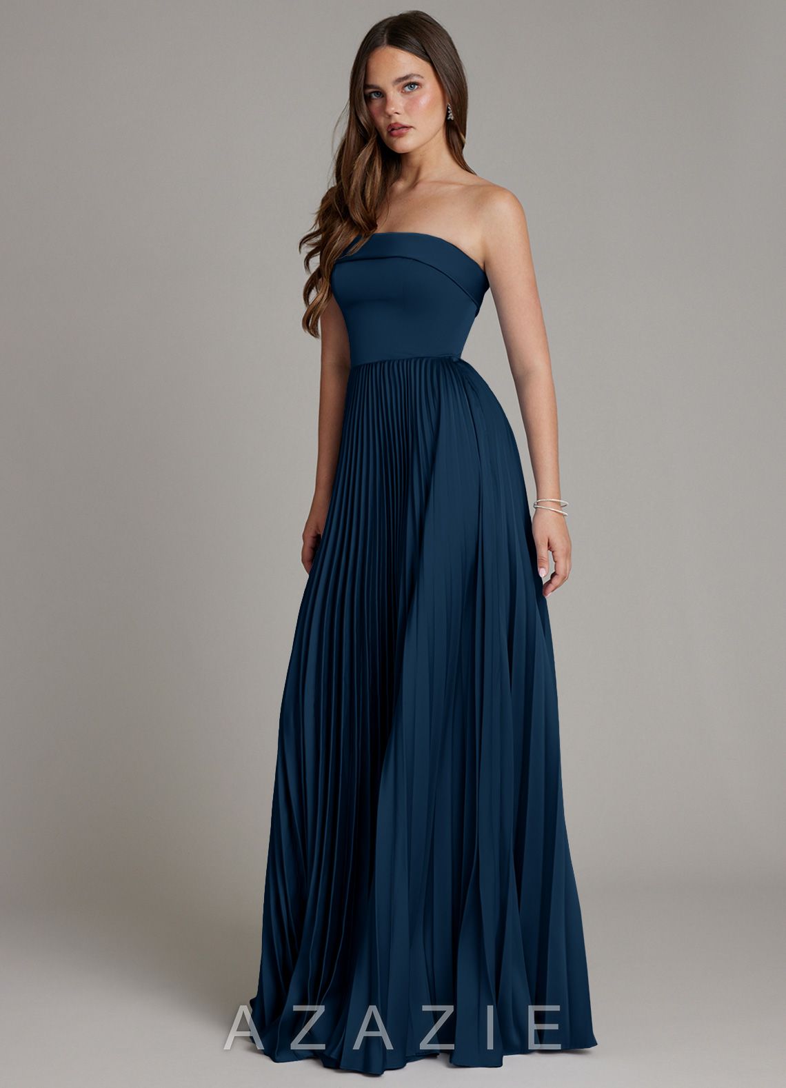 Azazie Mariana Dark Navy A-Line Pleated Stretch Satin Dress dark_navy