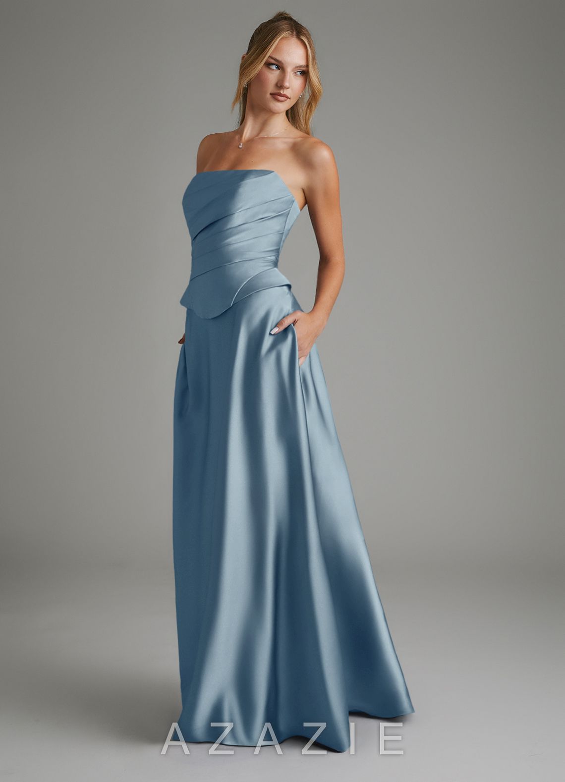 Azazie Amina Dusty Blue A-Line Corset Stretch Satin Dress dusty_blue