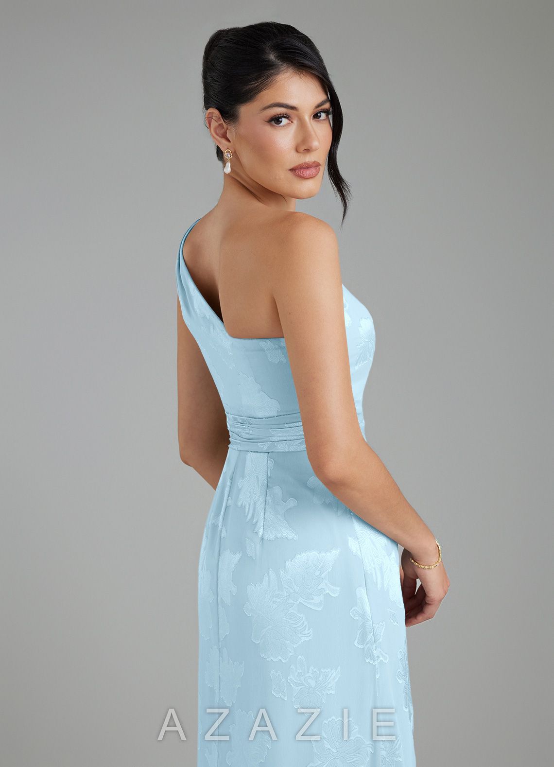 Azazie Apryl Sky Blue A-Line One Shoulder Floral Jacquard Burnout Dress sky_blue