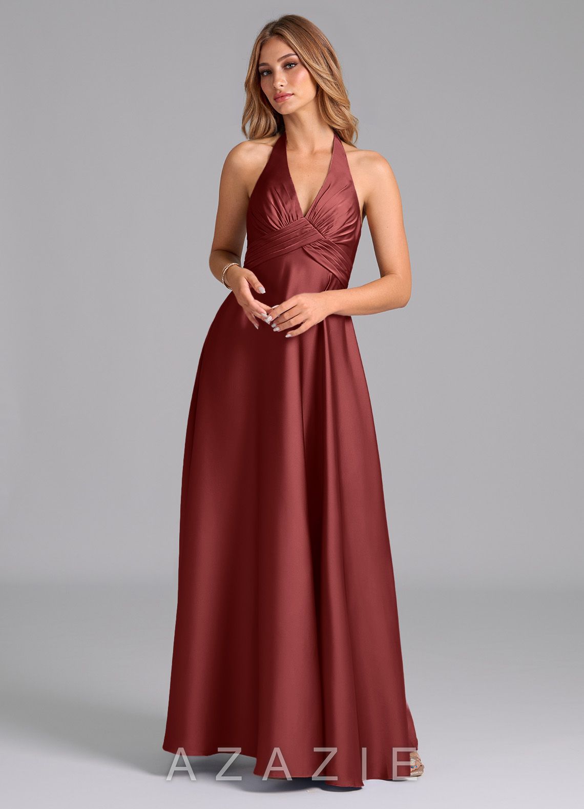 Azazie Tessie Terracotta A-Line Pleated Stretch Satin Dress
