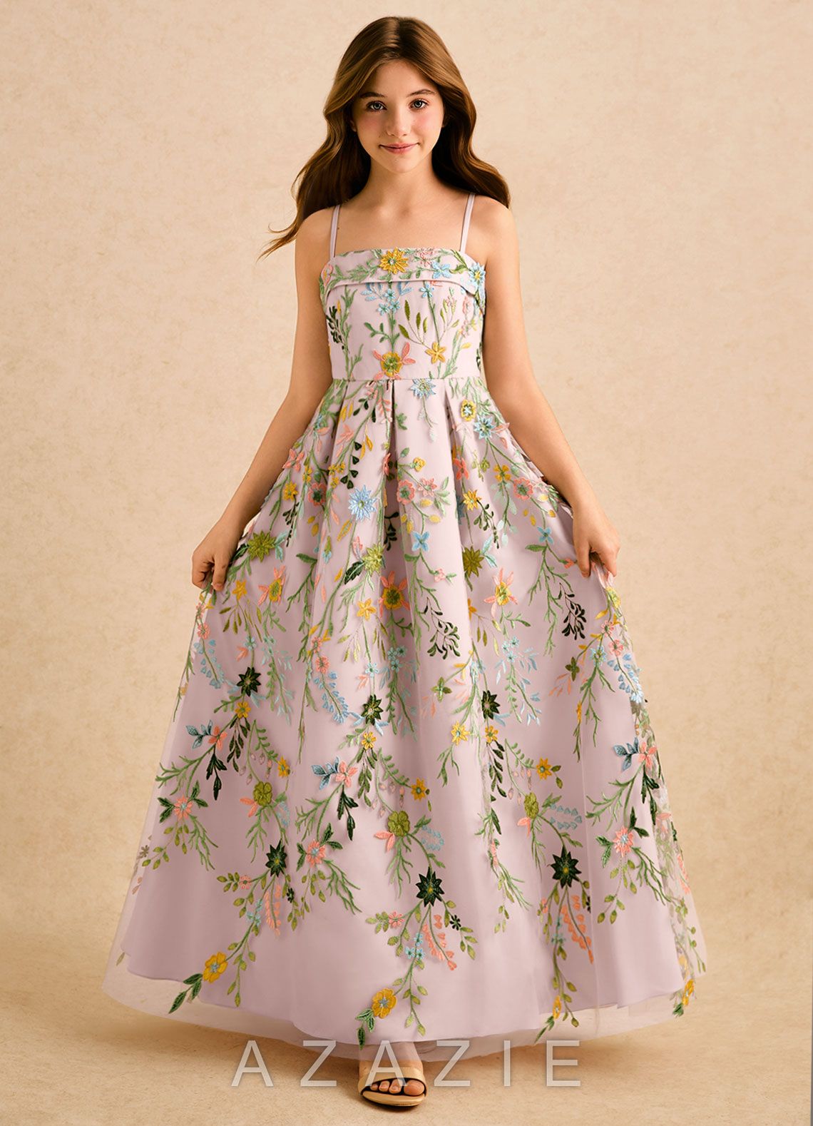 Azazie Lark Girls Formal Blushing Pink A-Line Pleated Lace Dress blushing_pink
