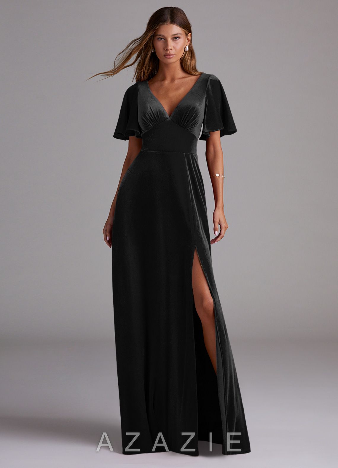 Azazie Kimber Black A-Line with Pockets Velvet Dress
