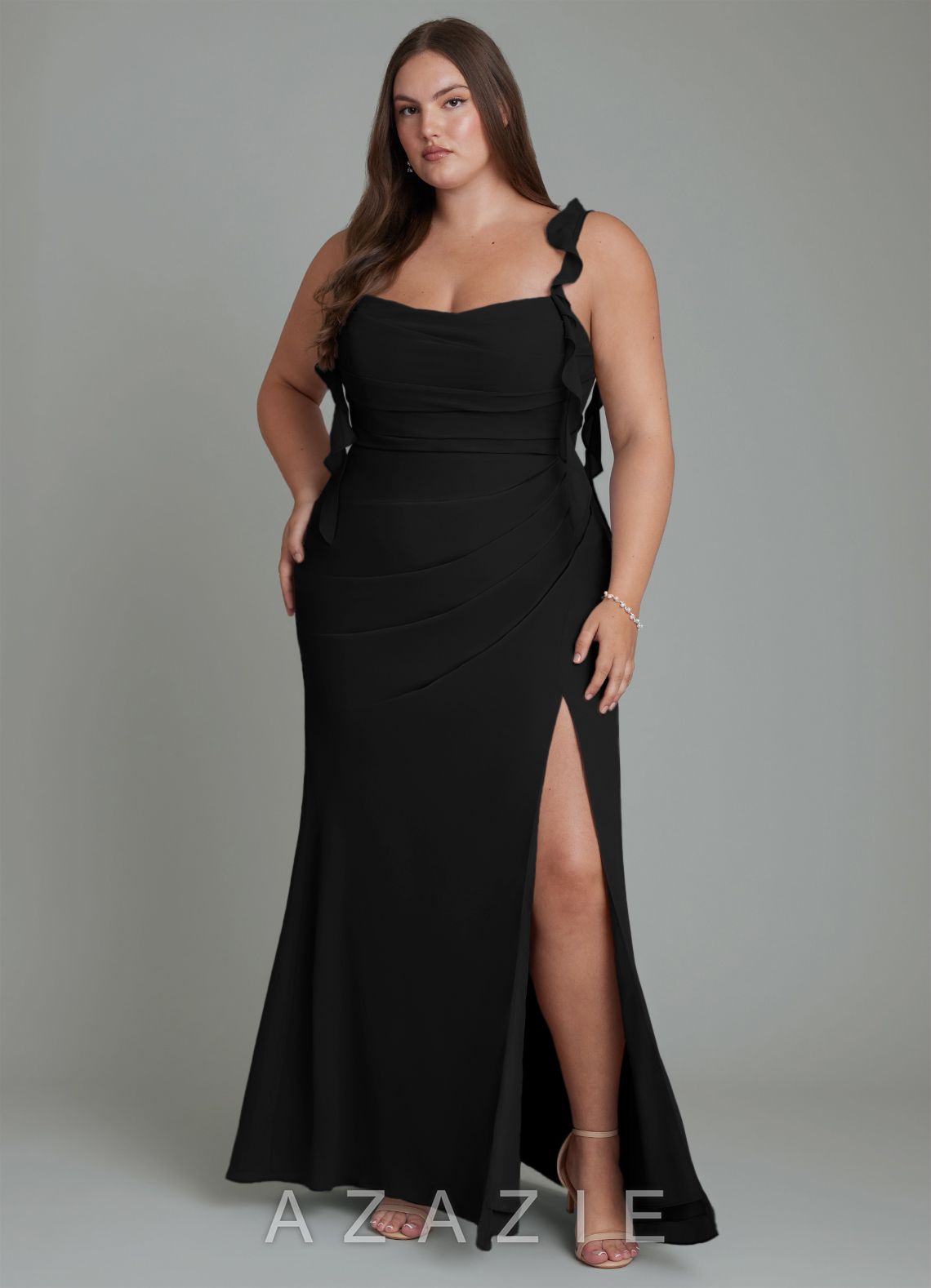 Azazie Jessamine Black Mermaid Corset Chiffon Dress black