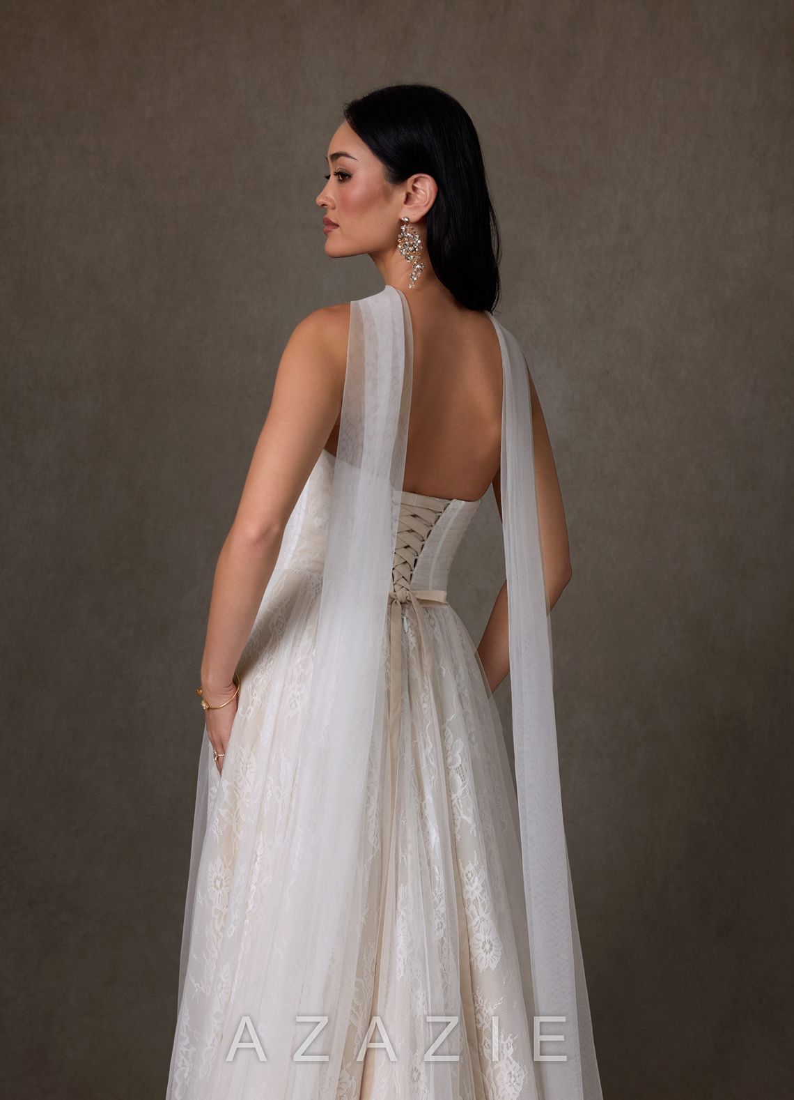 Azazie Adriana Diamond White Champagne A-Line Strapless Lace Dress