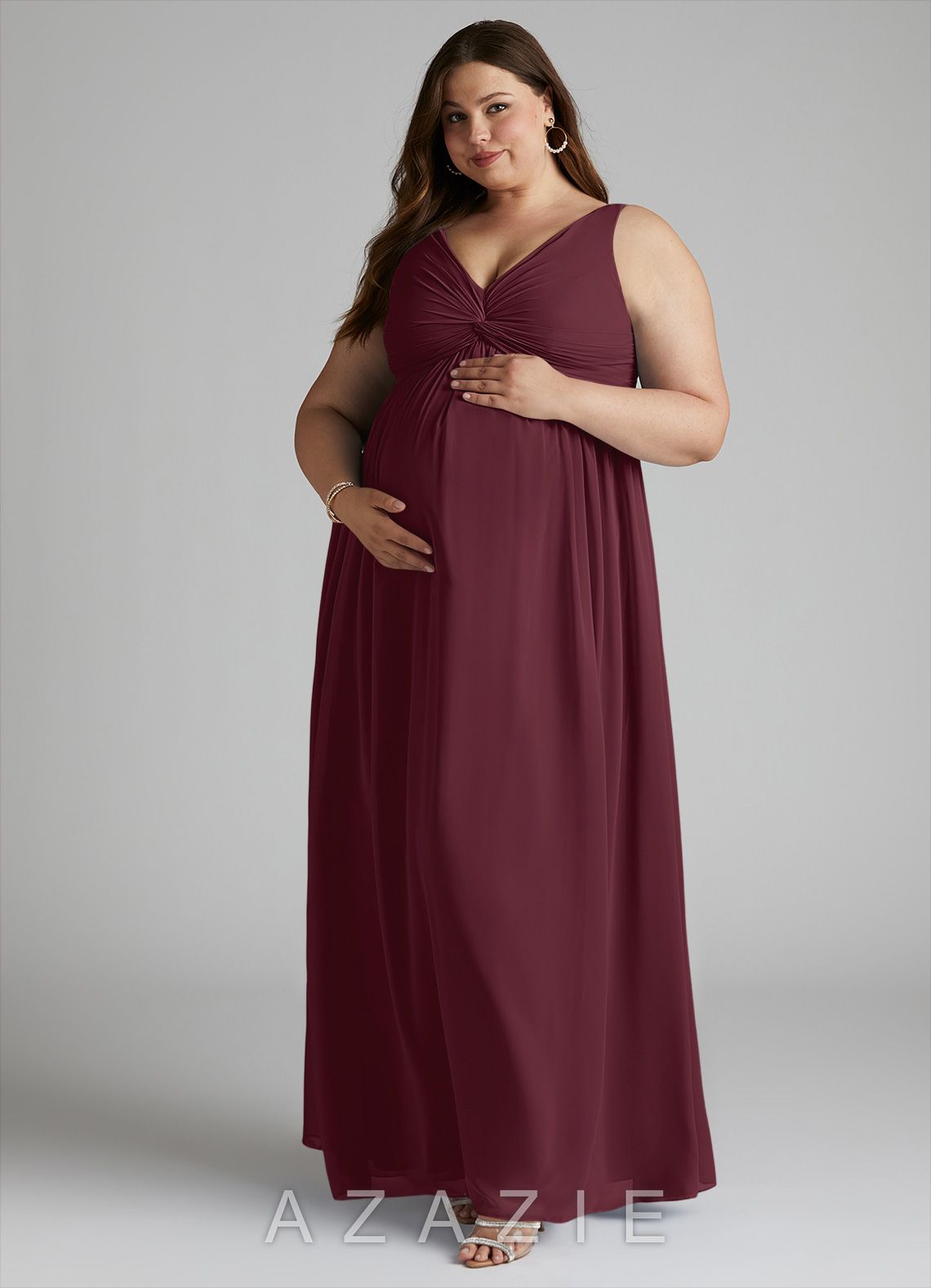 Azazie Yetta A-Line V-Neck Gathered Chiffon Floor-Length Dress