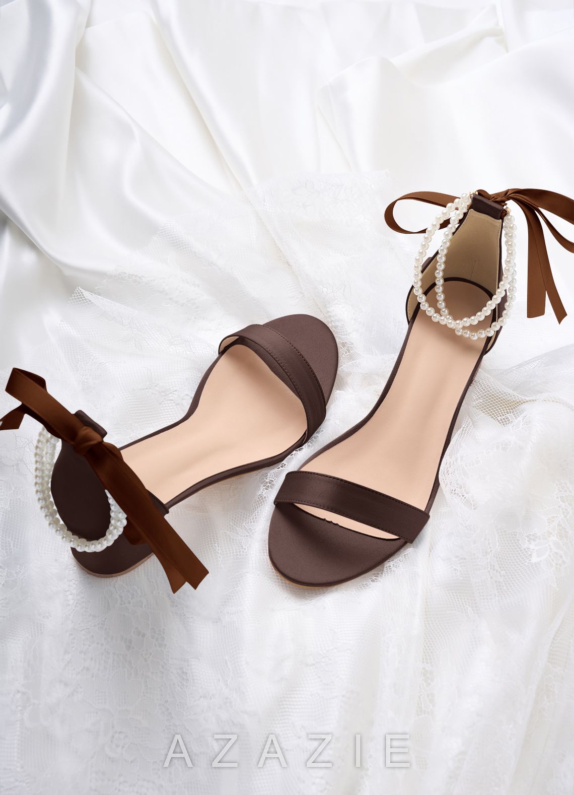 Matching Color Matte Satin Pearl and Bow Open Toe Chunky Heel Sandals