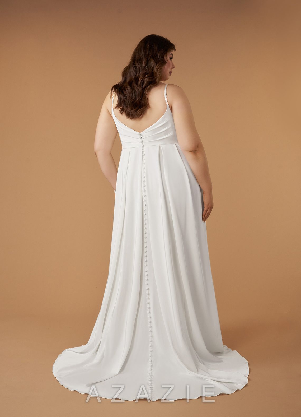 Azazie Caymus Wedding Dress Diamond White A-Line Scoop Pleated Crepe Back Satin Dress diamond_white
