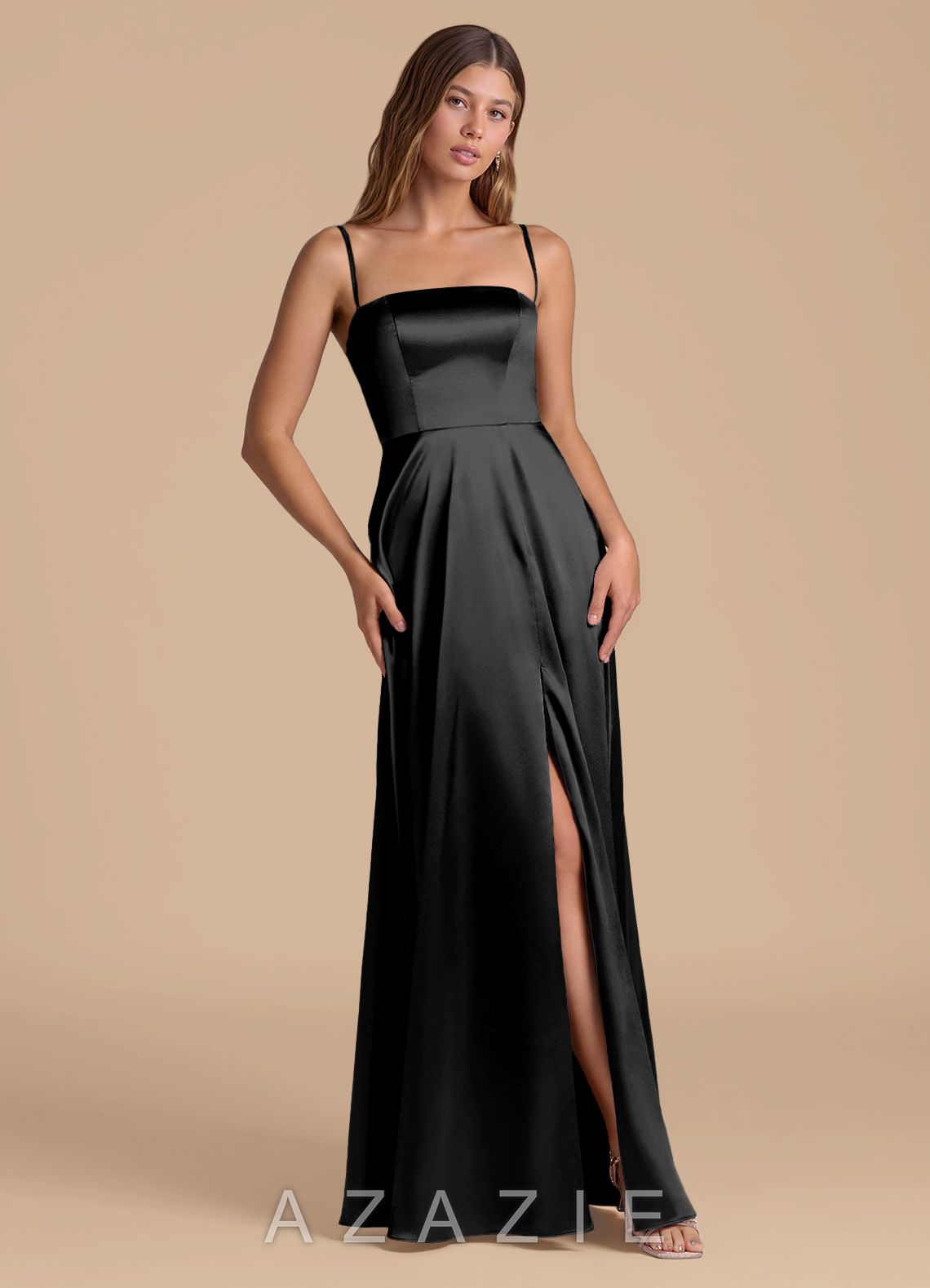 Azazie Wren Black A-Line Strapless Metallic Satin Dress black