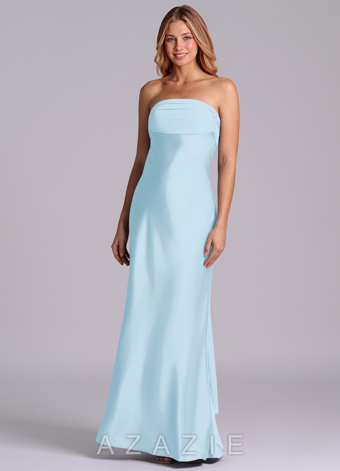 Azazie Ailanie Sky Blue Sheath Strapless Stretch Satin Dress