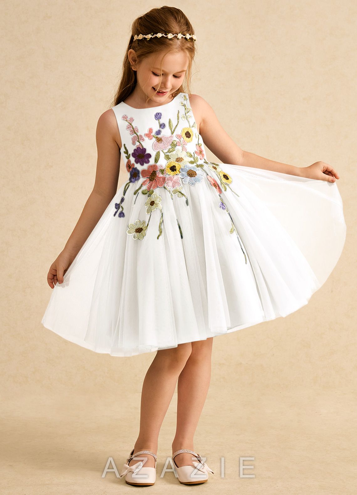 Azazie Prima Ivory A-Line Bow Tulle Dress ivory