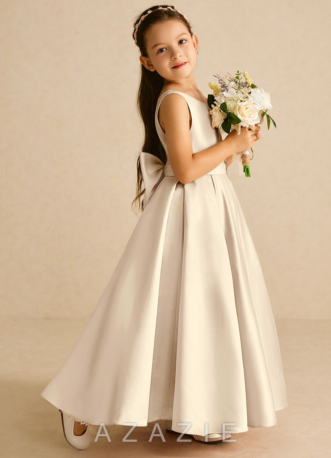 Azazie Pipsy Champagne A-Line Bow Matte Satin Dress champagne