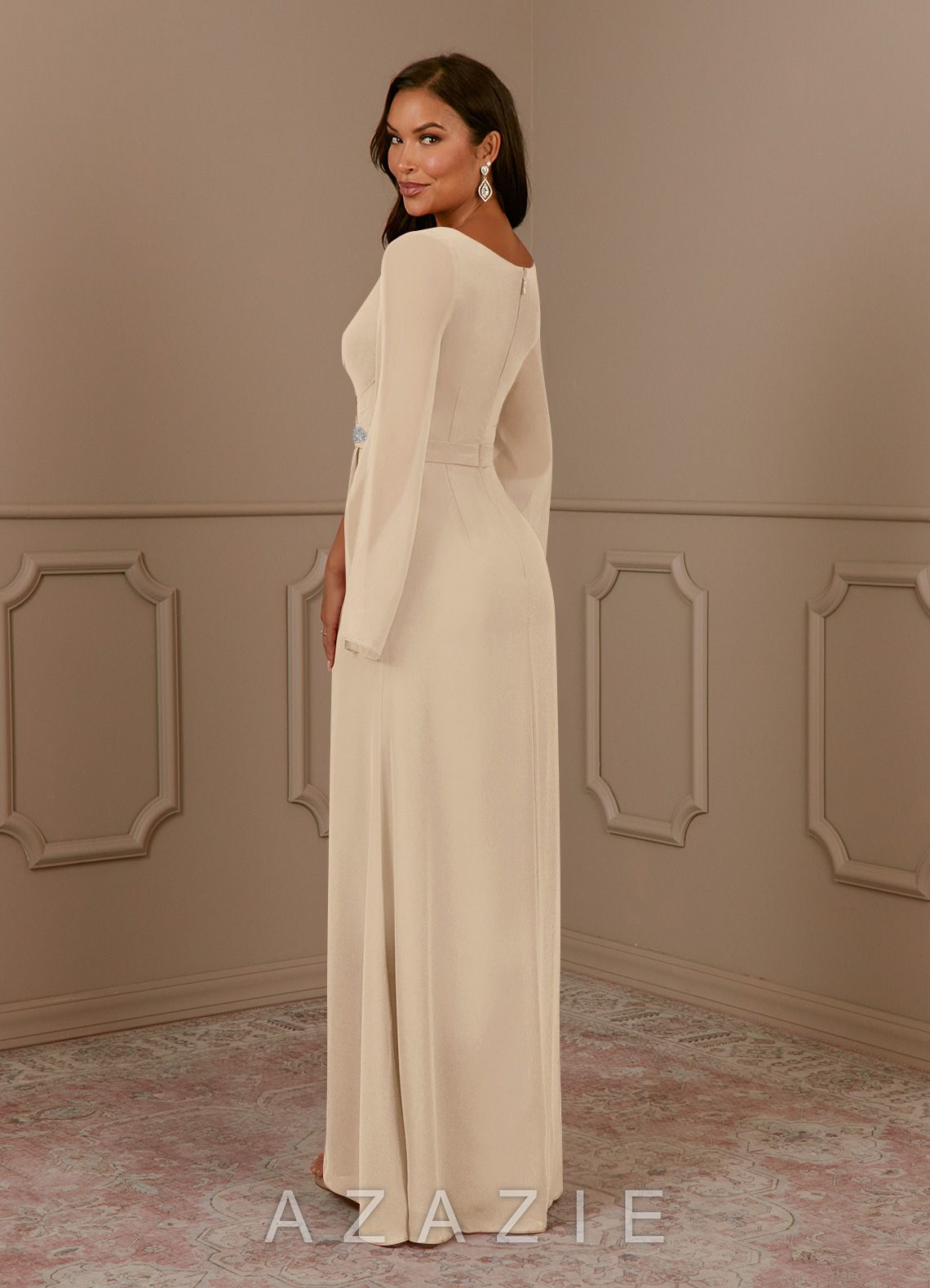 Azazie Belinda Champagne A-Line V-Neck Pleated Chiffon Dress champagne