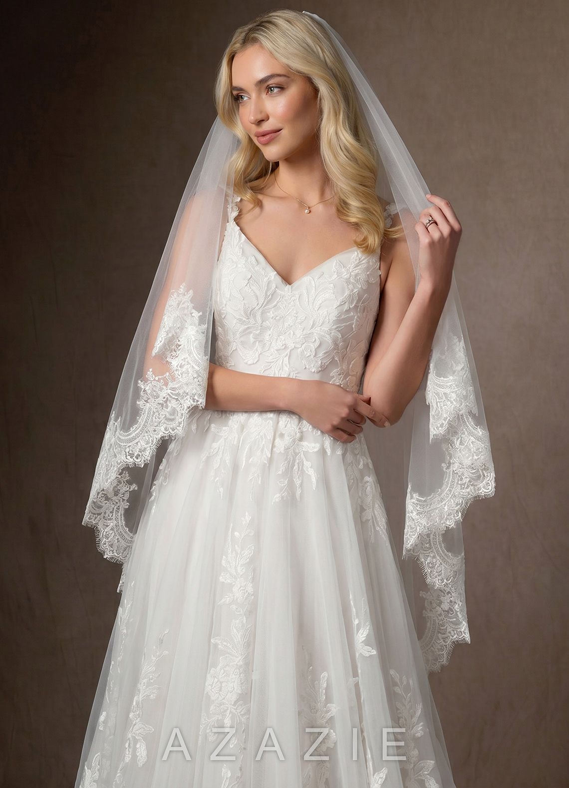 Floral Lace Edge Two Tier Fingertip Wedding Veil with Blusher  diamond_white