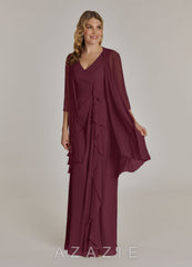 Azazie Manuella Cabernet A-Line V-Neck Pleated Chiffon Dress