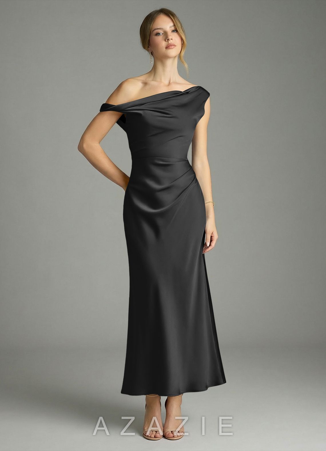 Azazie Emerson Black Mermaid Off the Shoulder Stretch Satin Dress