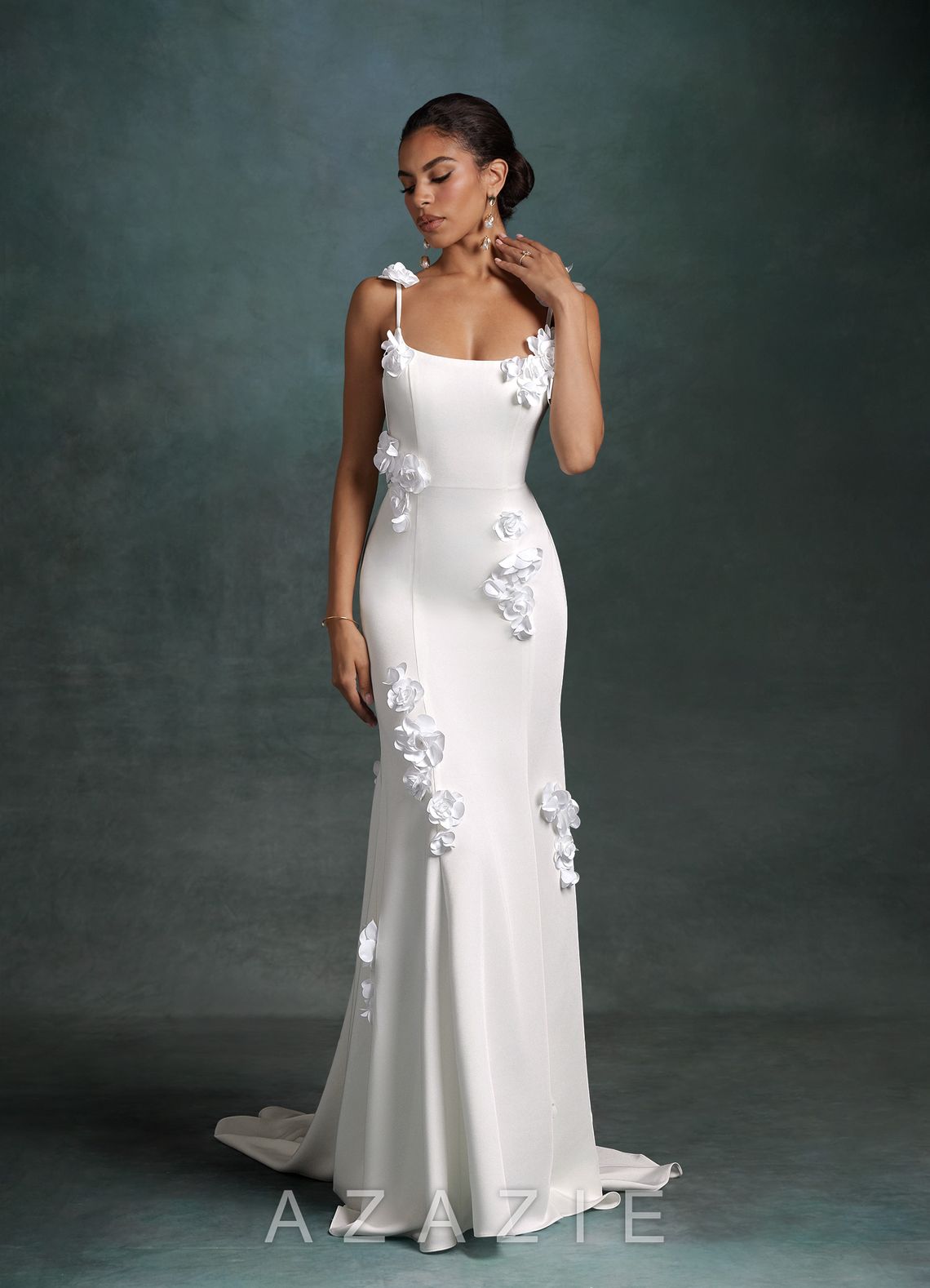 Azazie Jaslyn Diamond White Mermaid Square Neckline Crepe Back Satin Dress diamond_white