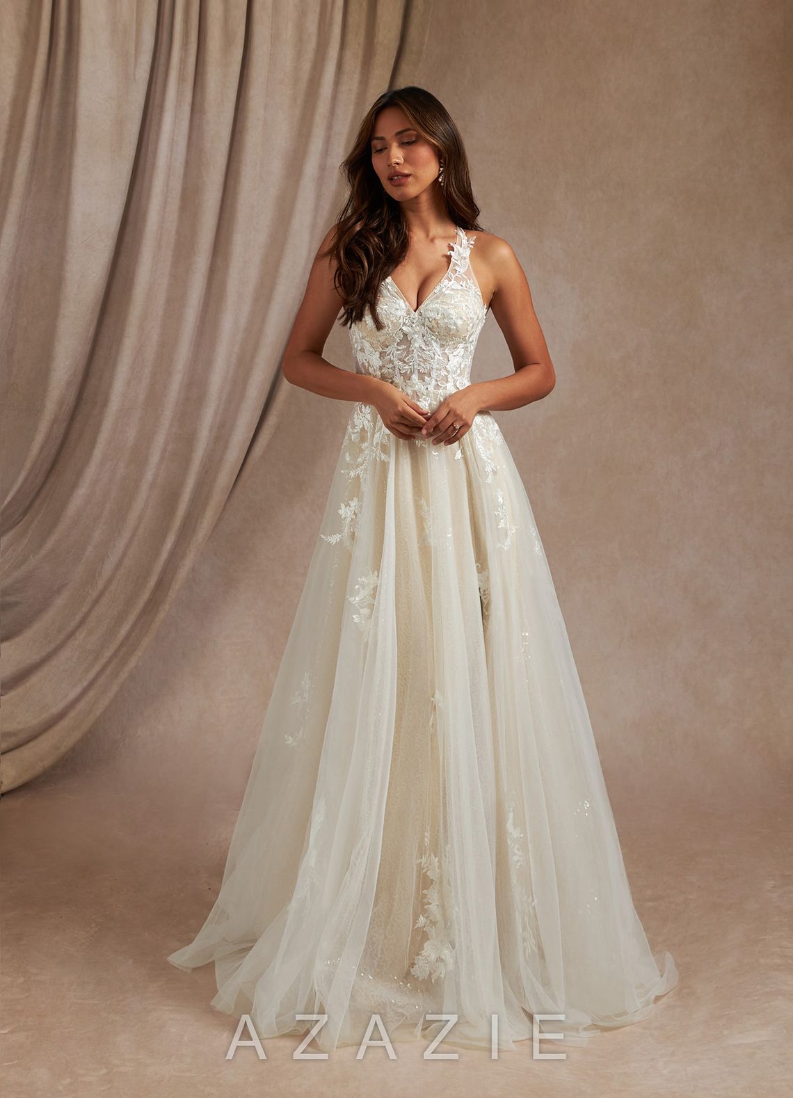 Azazie Dysis Wedding Dress Diamond White Champagne A-Line Halter Sequins Tulle Dress diamond_white/champagne