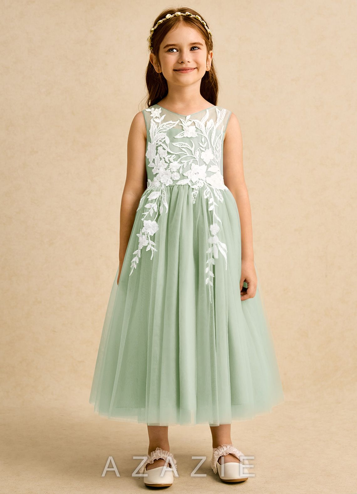 Azazie Sundae Dusty Sage Ball-Gown Lace Dress dusty_sage