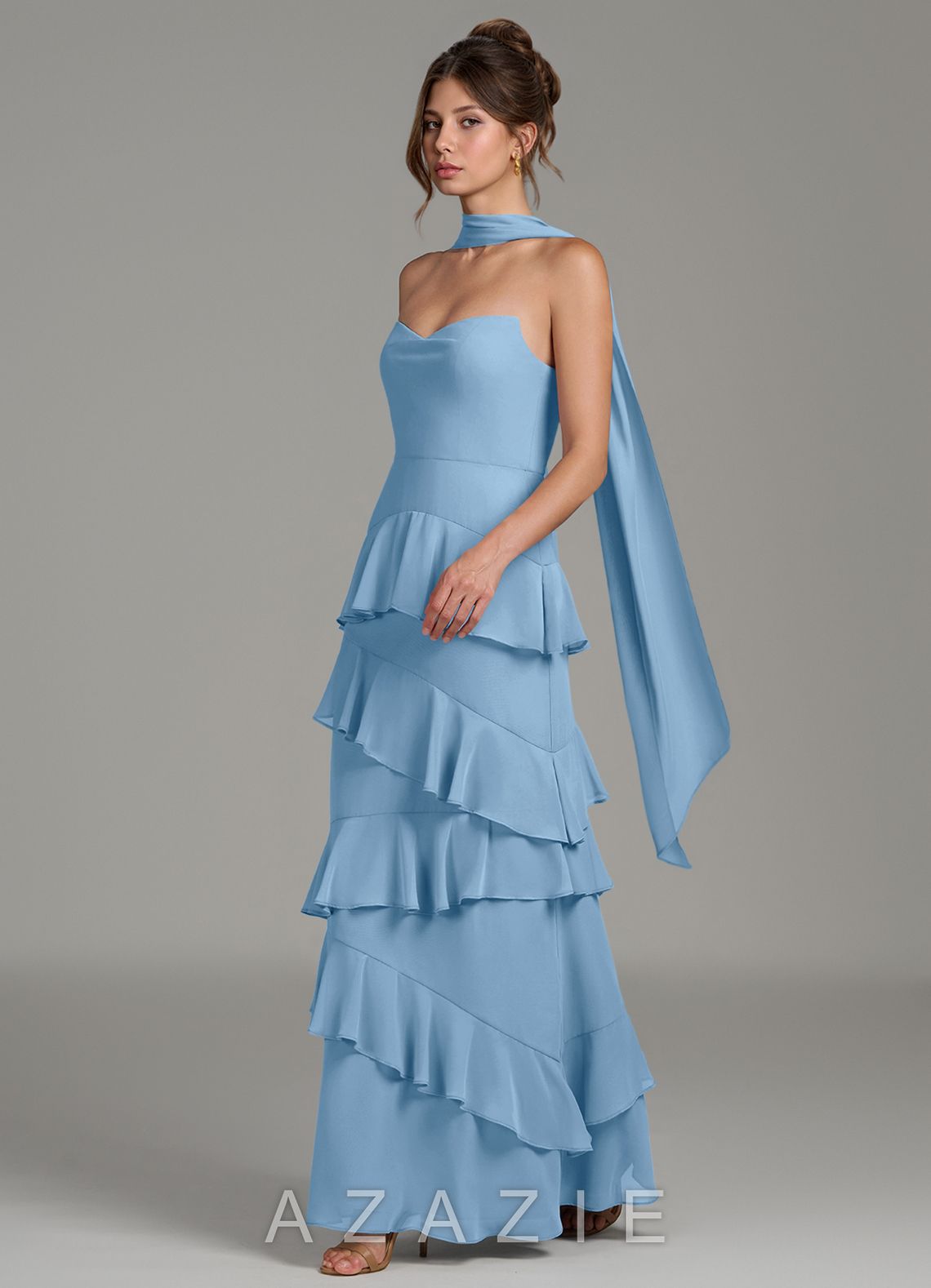 Azazie Imani Steel Blue A-Line Ruched Chiffon Dress steel_blue
