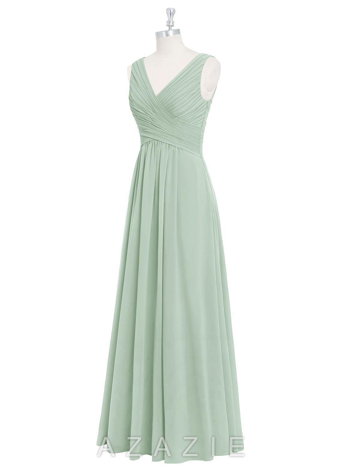 Azazie Flora Agave A-Line Pleated Chiffon Dress agave