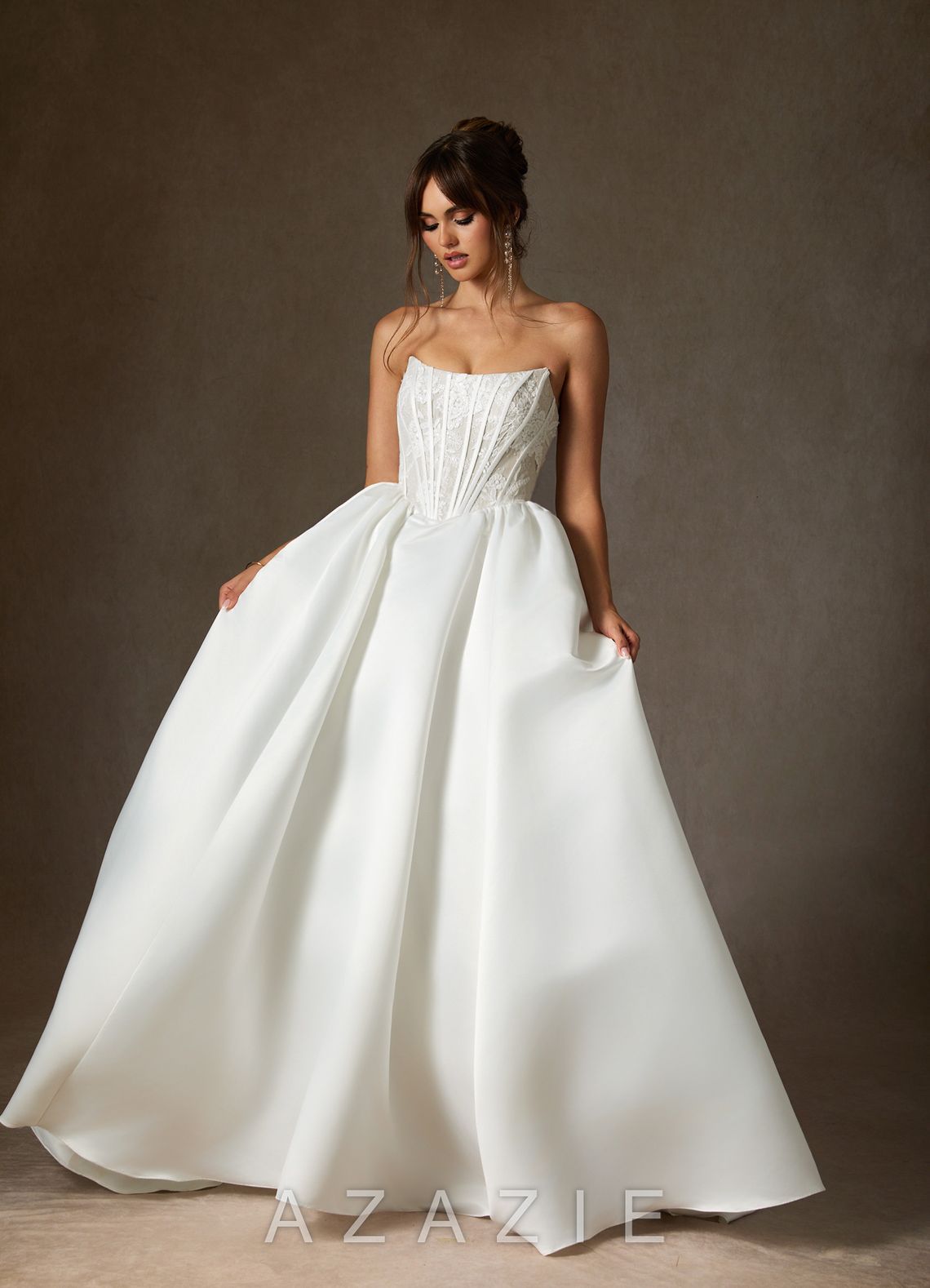 Azazie Mirabeth Diamond White Ball-Gown Strapless Lace Dress diamond_white