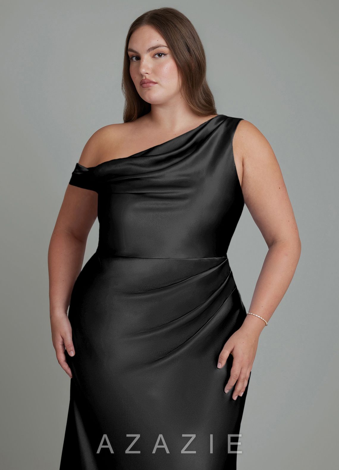 Azazie Emerson Black Mermaid Off the Shoulder Metallic Satin Dress black
