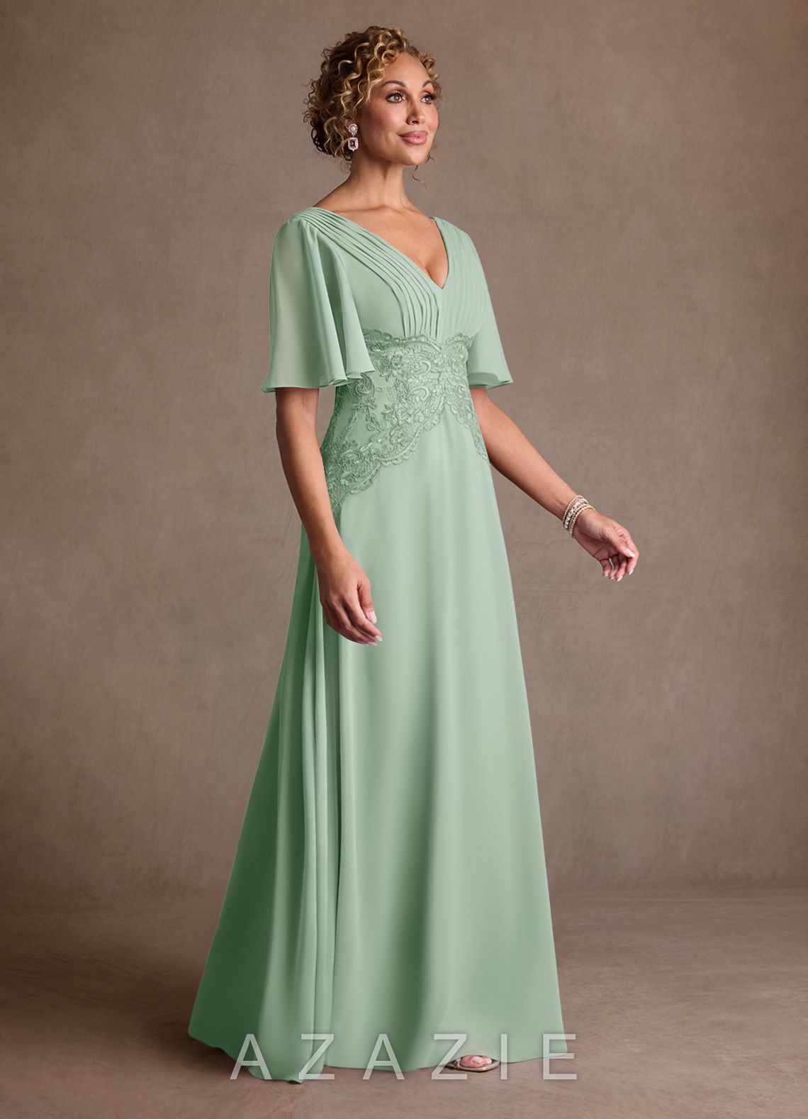 Azazie Milliat Agave A-Line Lace Chiffon Dress agave