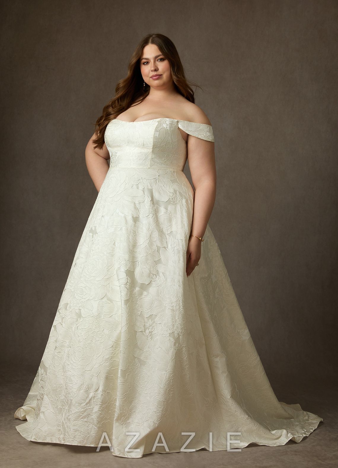 Azazie Amaya Antique White Ball-Gown Strapless Floral Jacquard Dress antique_white