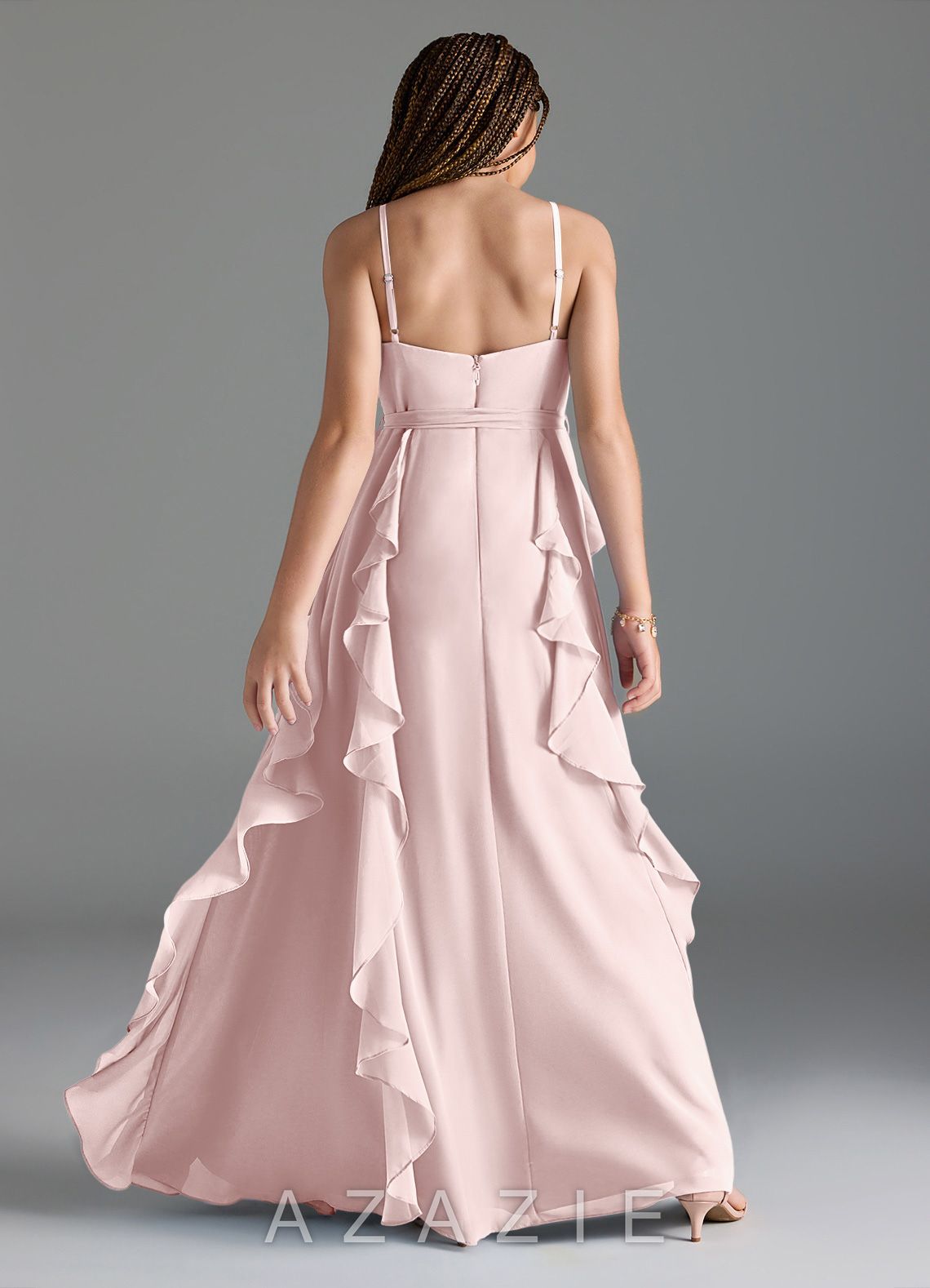 Azazie Peyton Junior Blushing Pink A-Line V-Neck Cascading Ruffles Chiffon Dress blushing_pink
