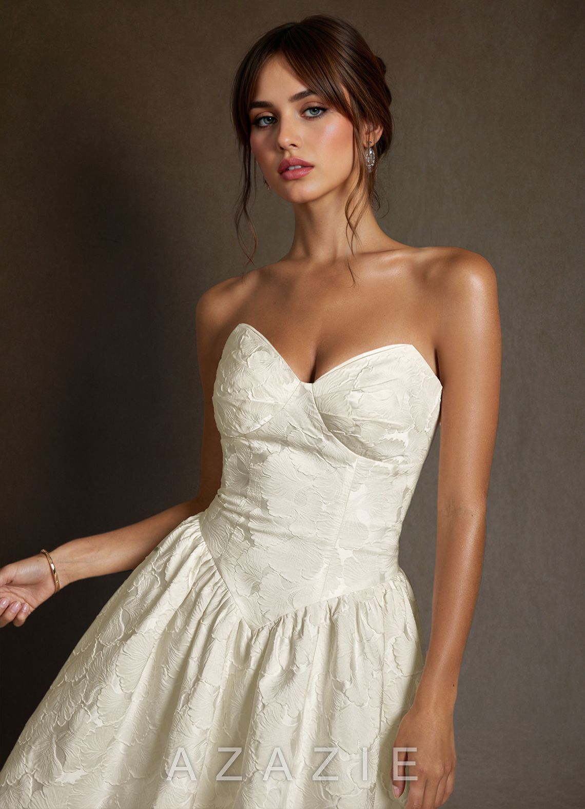 Azazie Devam Cream A-Line Strapless Floral Jacquard Dress cream