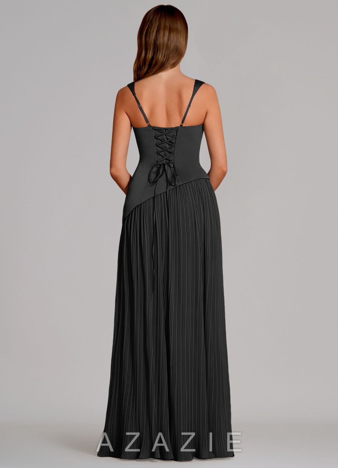 Azazie Stephanie Black A-Line Pleated Stretch Satin Dress black