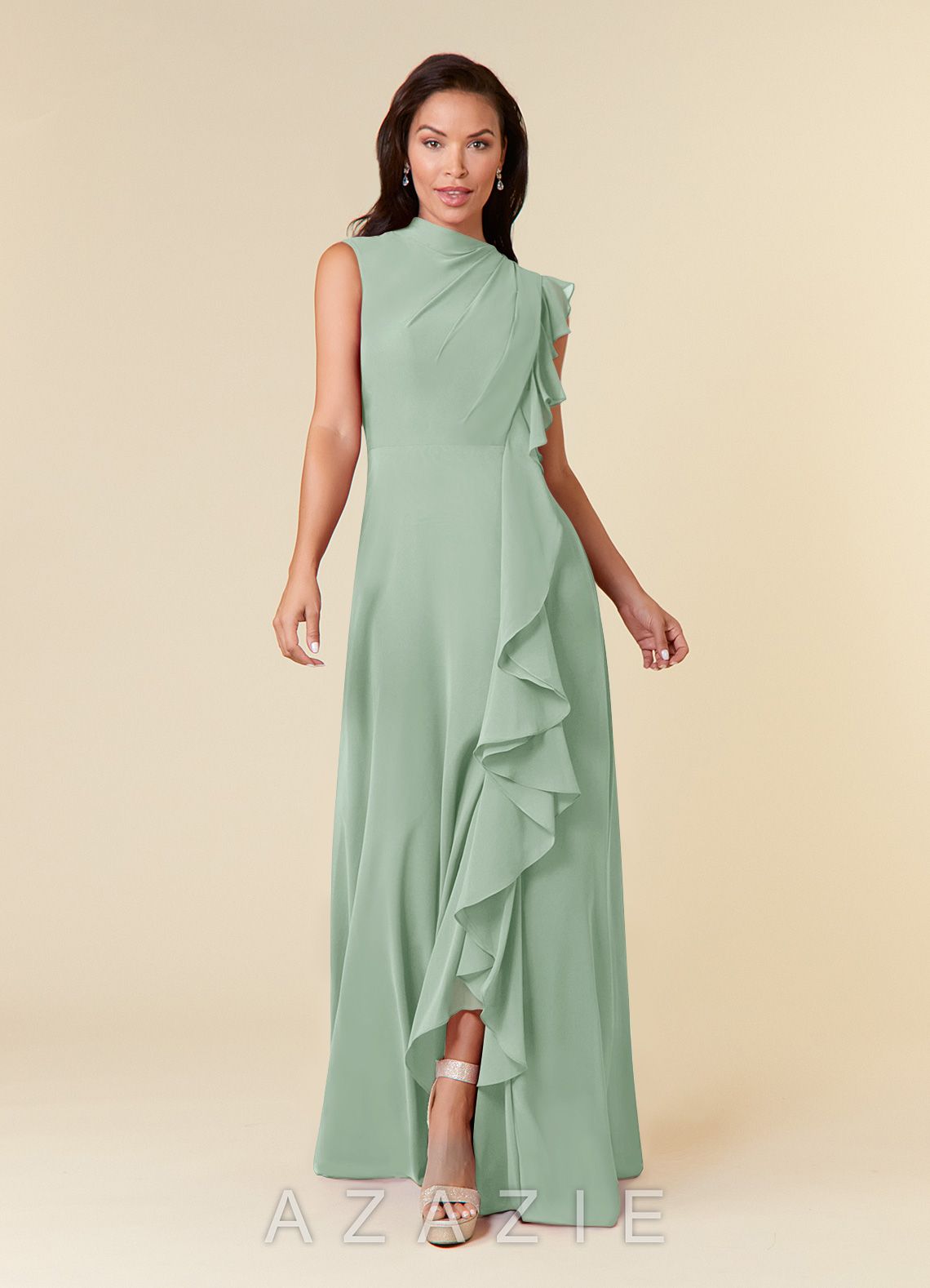 Azazie Narine Agave A-Line High Neckline Pleated Chiffon Dress agave