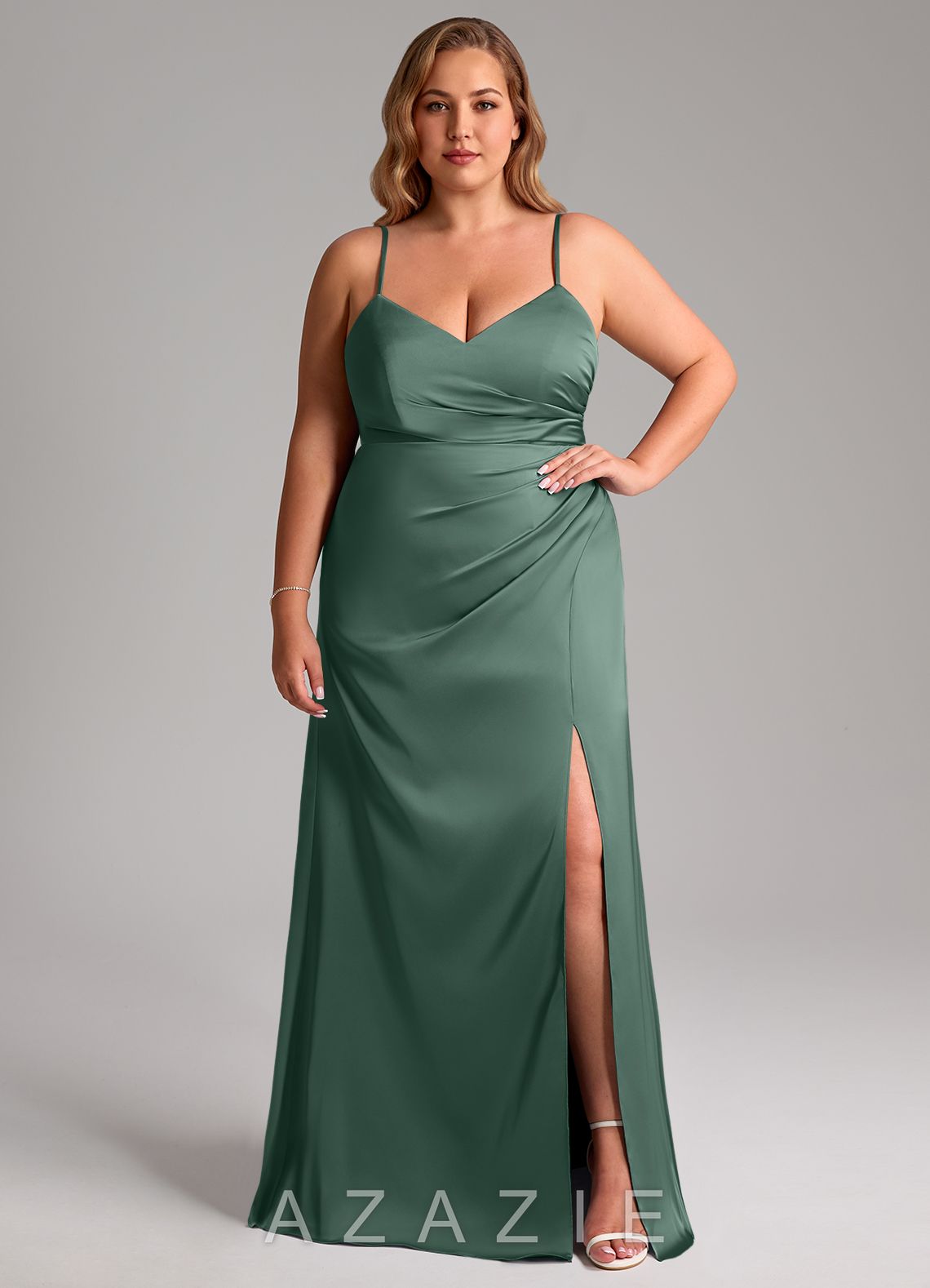 Azazie Azuree Eucalyptus A-Line Pleated Stretch Satin Dress eucalyptus