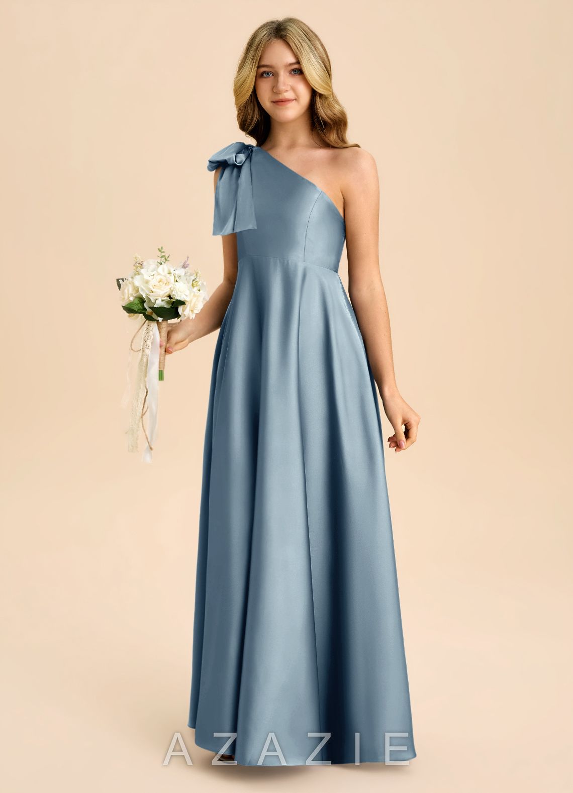 Azazie Penguin Junior Dusty Blue A-Line Bow Stretch Satin Dress dusty_blue