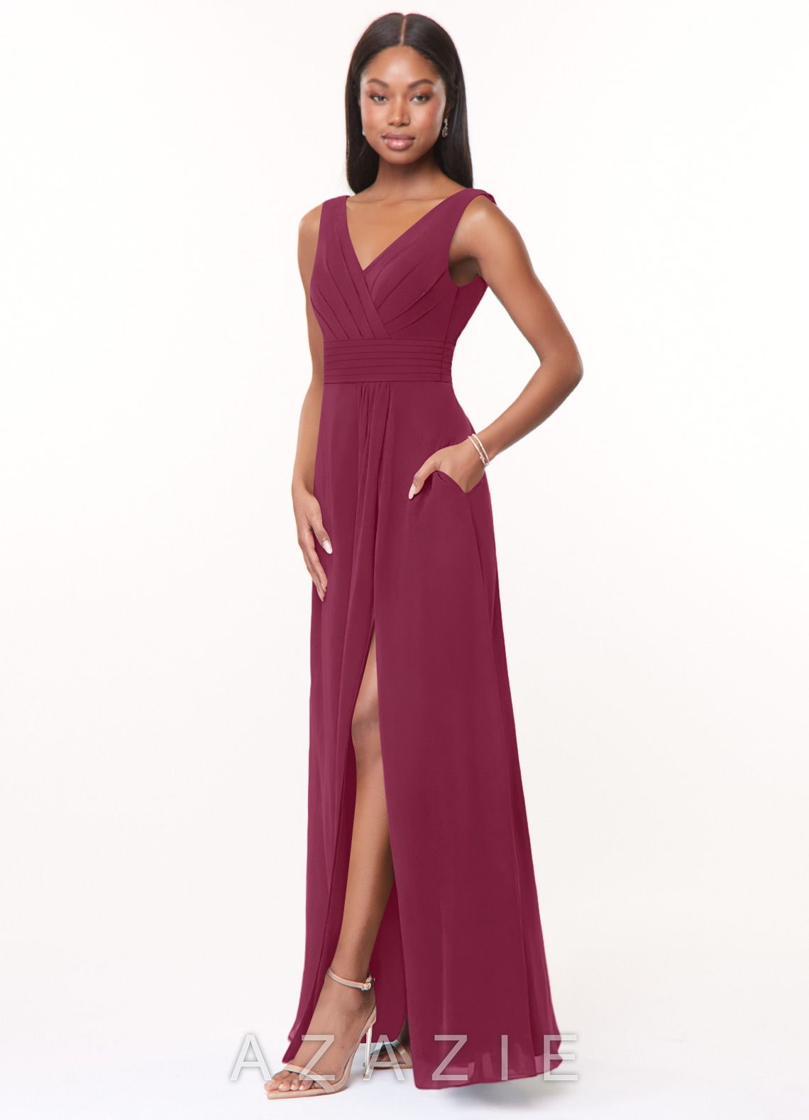 Azazie Karina Mulberry A-Line Pleated Chiffon Dress mulberry