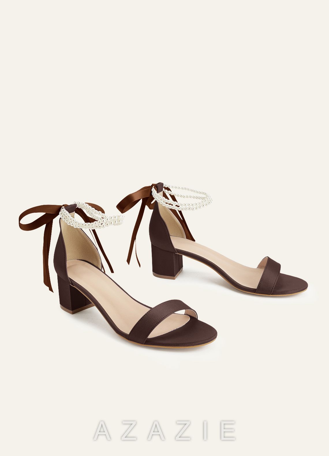 Matching Color Matte Satin Pearl and Bow Open Toe Chunky Heel Sandals