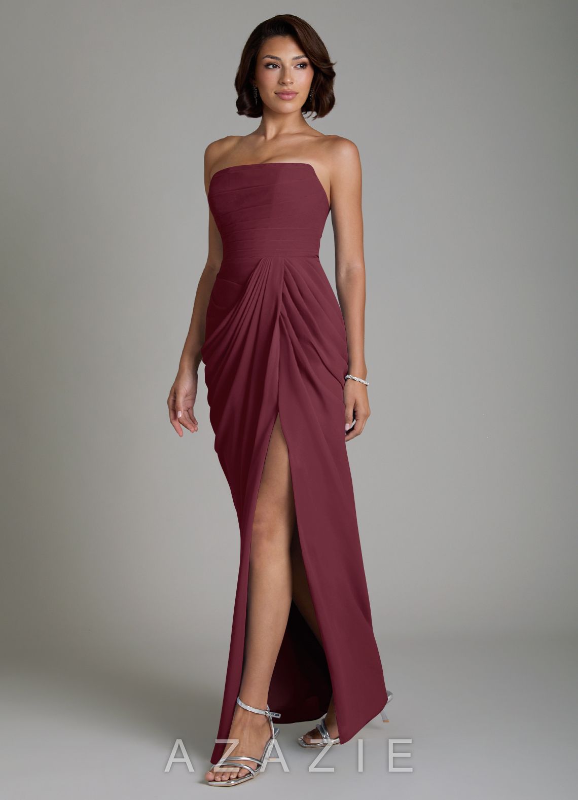 Azazie Nyra Cabernet Sheath Corset Chiffon Dress cabernet