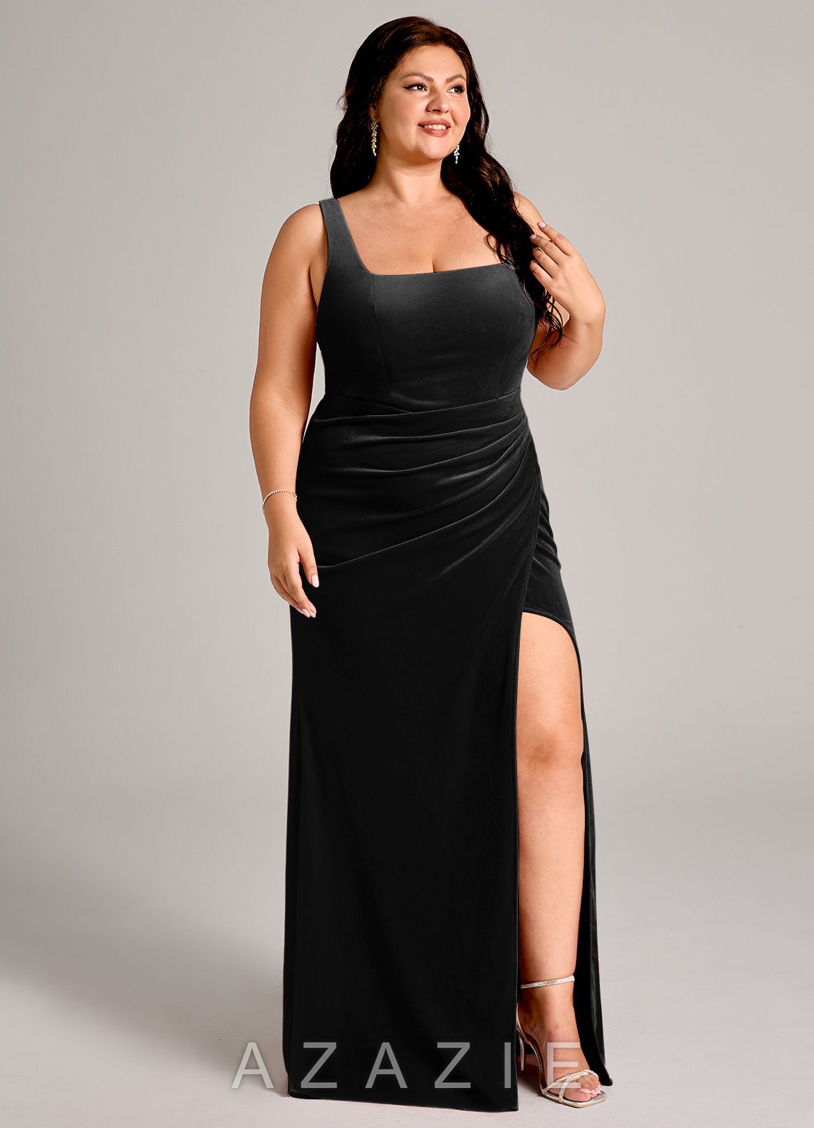 Azazie Mero Black Mermaid Pleated Velvet Dress black