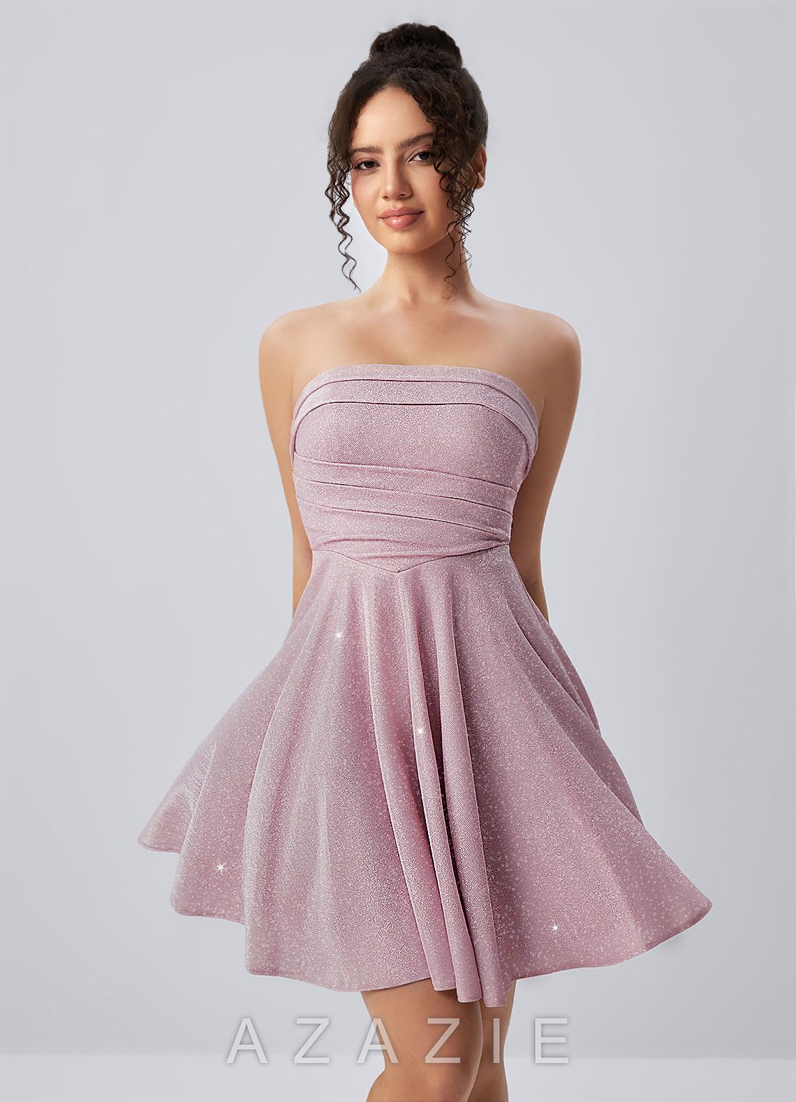 Jacinthe Pink Strapless Glitter Ruched Lace-Up Skater Mini Dress