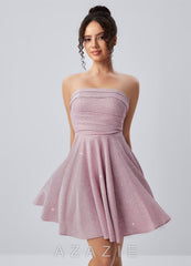 Jacinthe Pink Strapless Glitter Ruched Lace-Up Skater Mini Dress