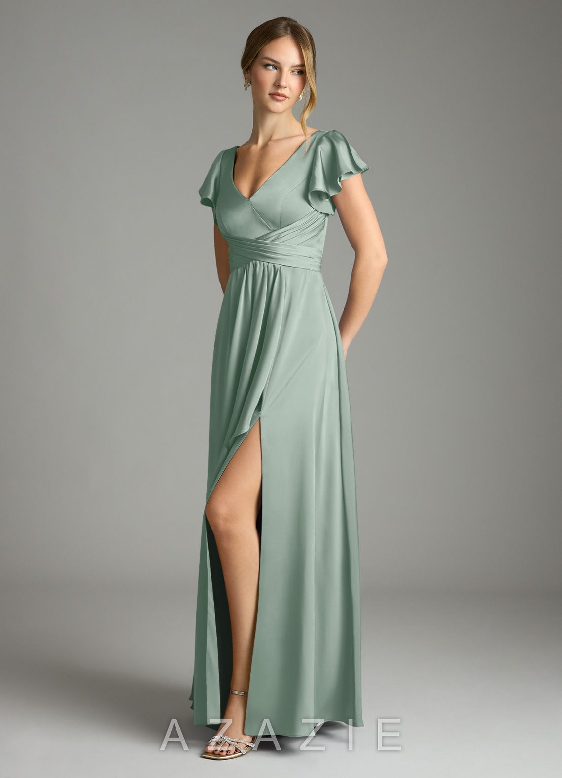 Azazie Omari Agave A-Line Stretch Satin Dress agave