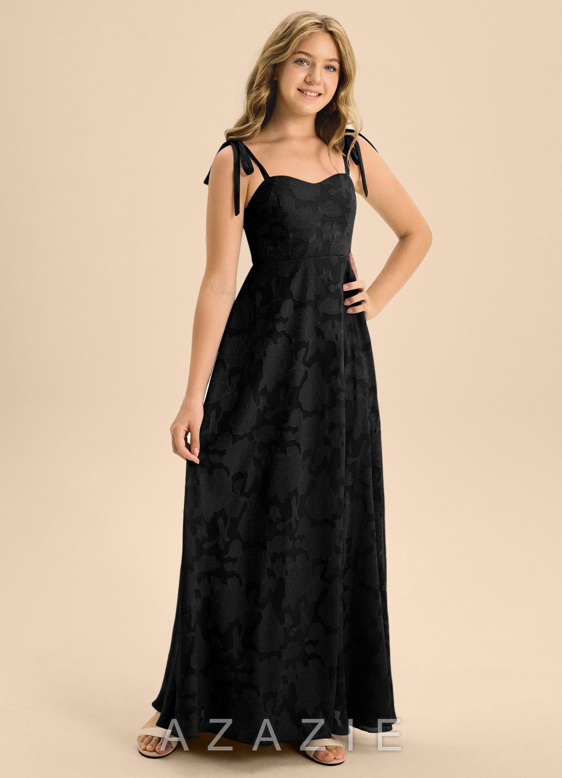 Azazie Rosey Junior Black A-Line Sweetheart Neckline Floral Burnout Dress black