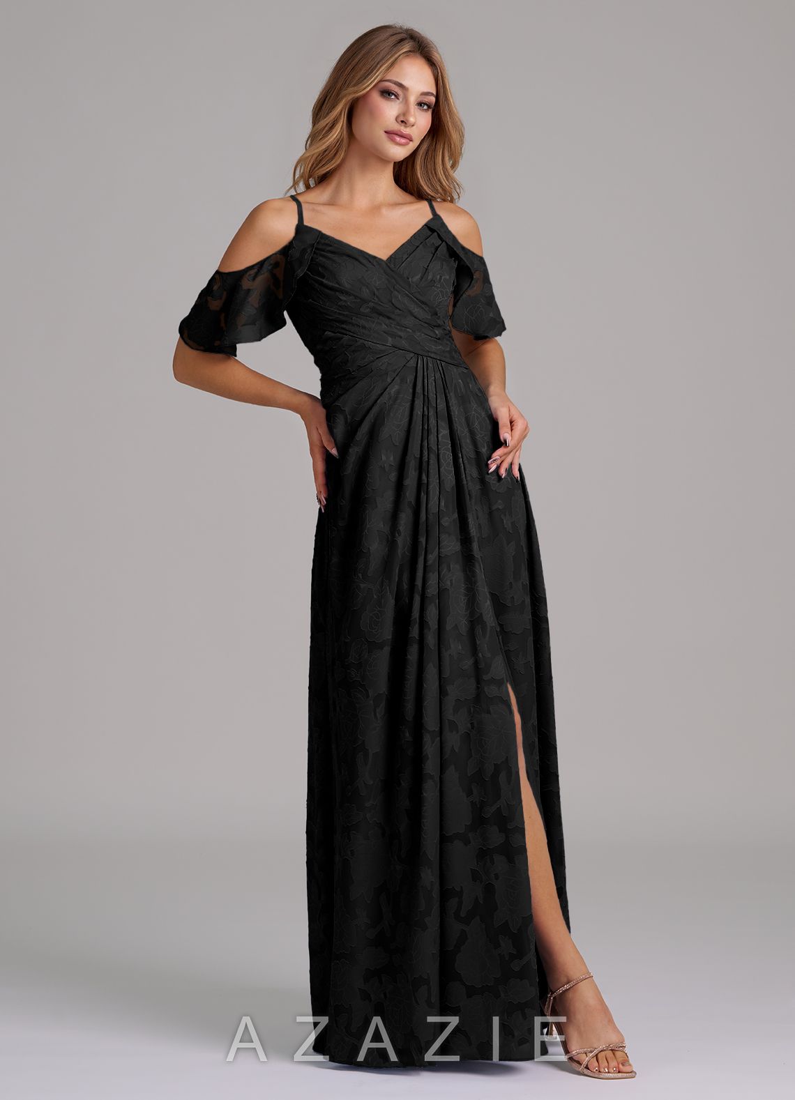 Azazie Dakota Black A-Line Off the Shoulder Floral Burnout Dress black