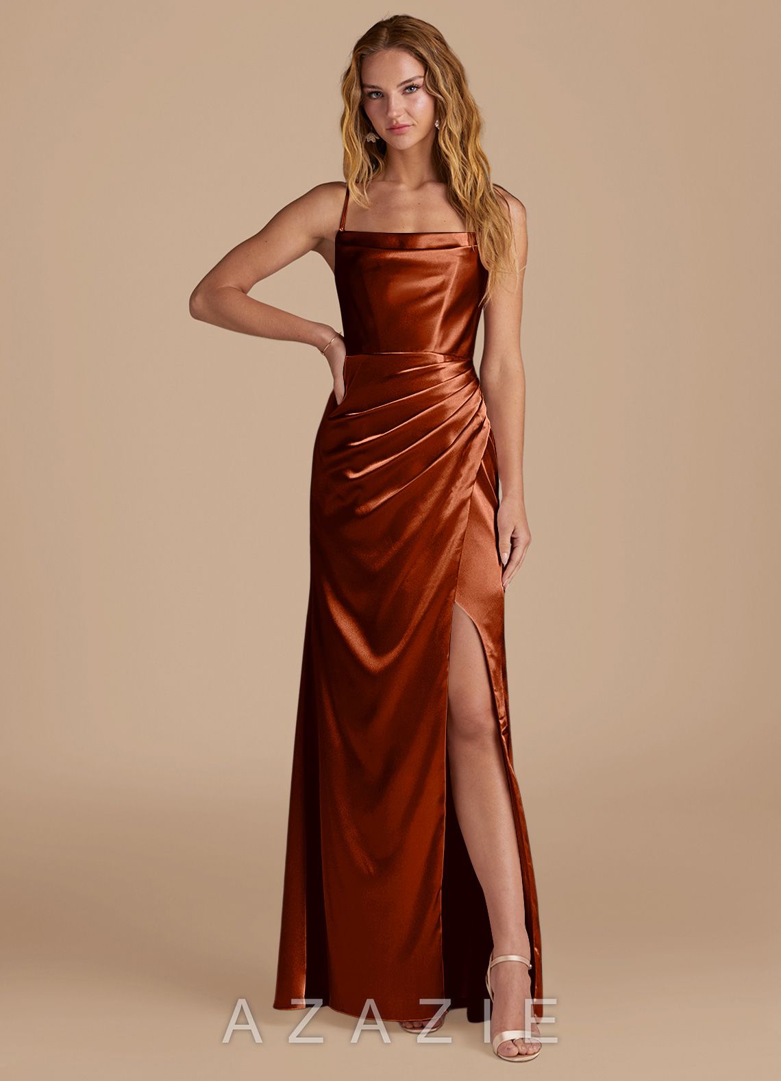 Azazie Marzia Auburn Mermaid Pleated Metallic Satin Dress