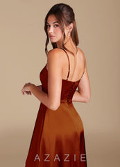 Azazie Halsey Auburn A-Line Side Slit Metallic Satin Dress auburn