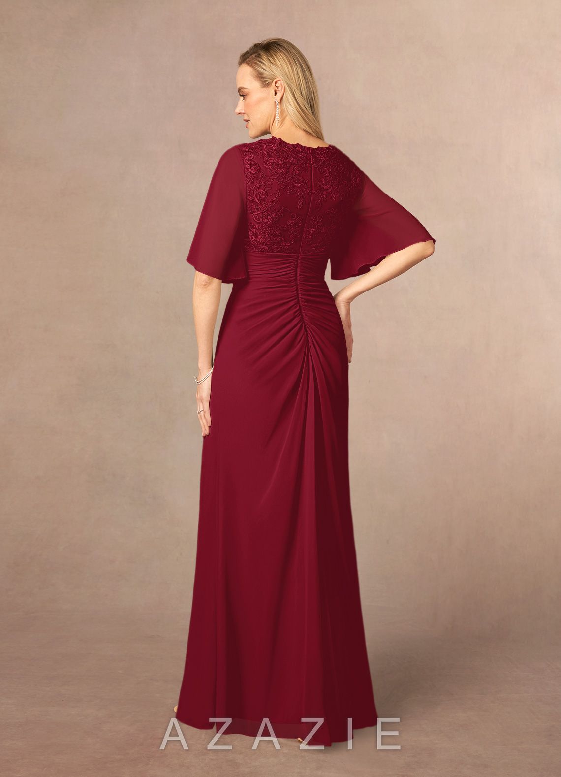 Azazie Carson Burgundy A-Line V-Neck Lace Chiffon Dress burgundy