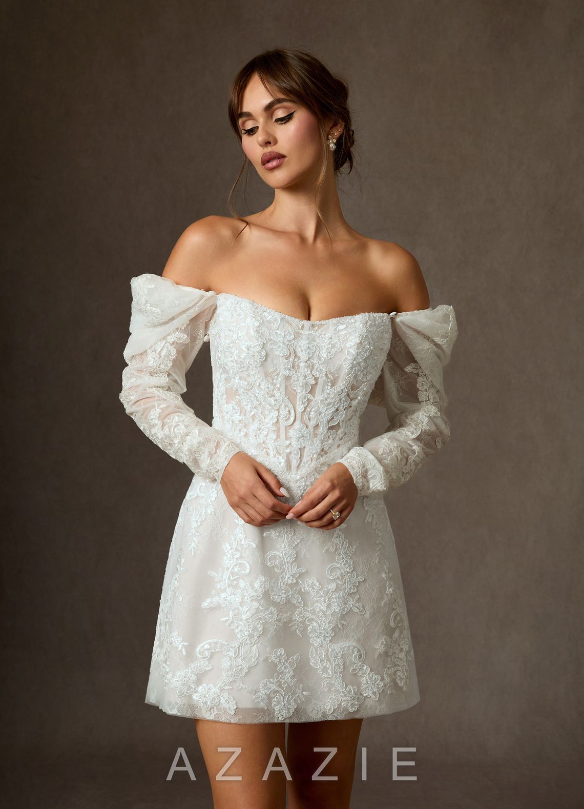 Azazie Winter Diamond White A-Line Strapless Lace Dress diamond_white