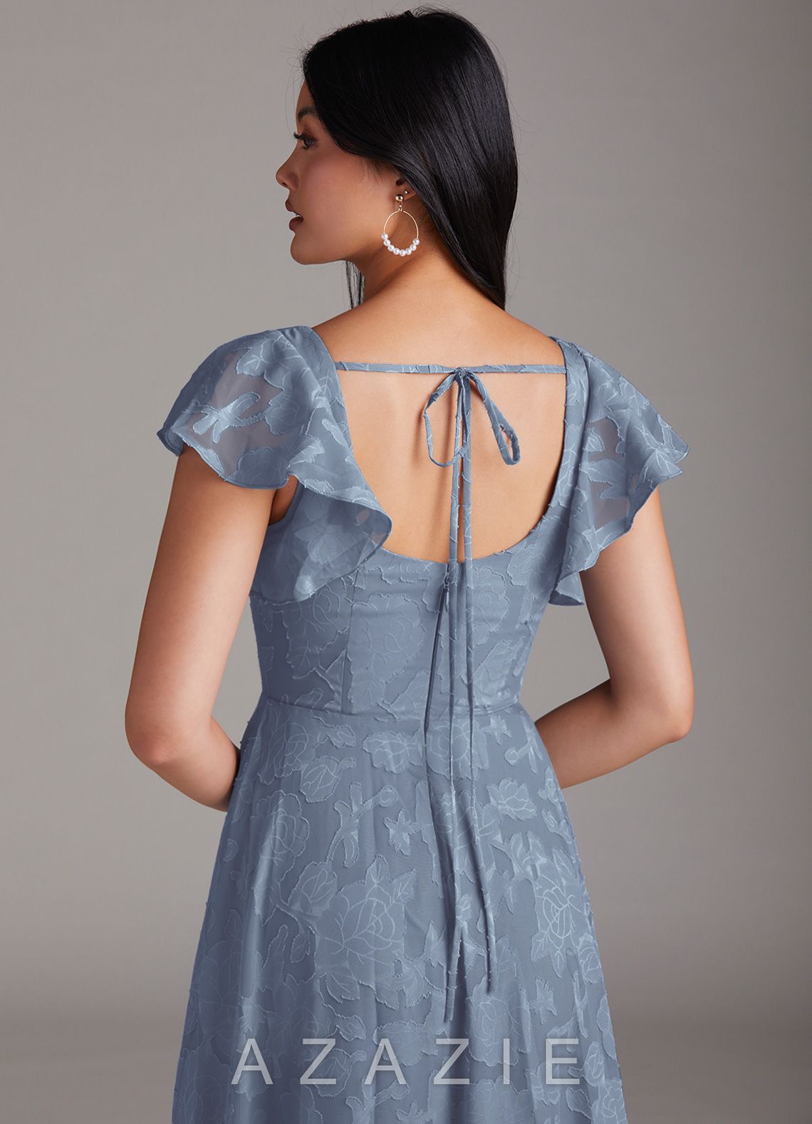 Azazie Bondi Dusty Blue A-Line Ruched Floral Burnout Dress dusty_blue