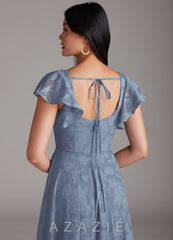 Azazie Bondi Dusty Blue A-Line Ruched Floral Burnout Dress dusty_blue